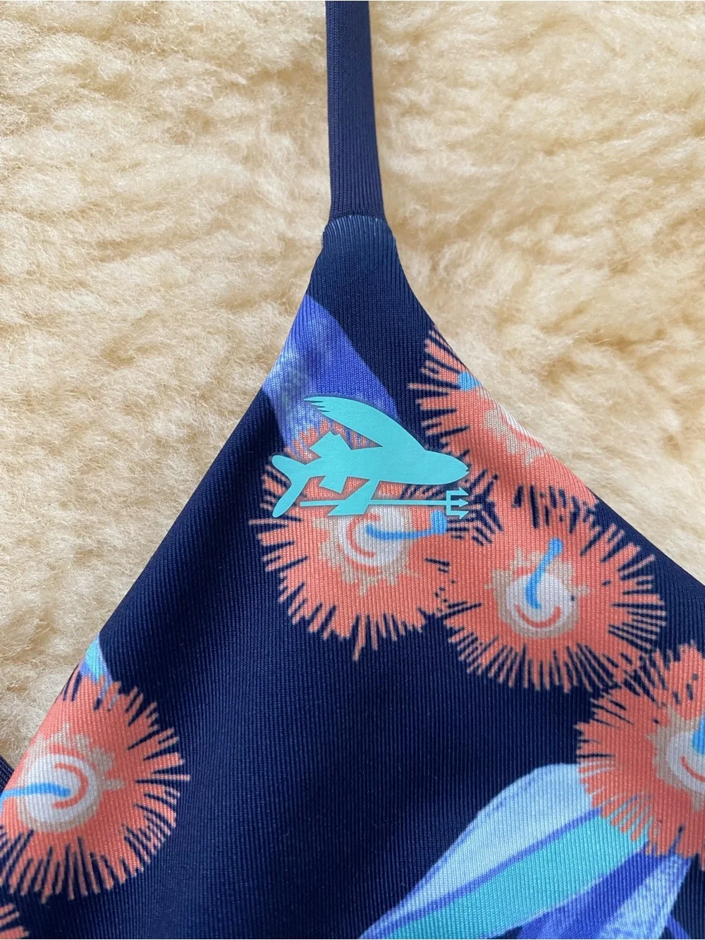 Patagonia Nanogrip Triangle Bikini Top Floral Navy with Coral Accents Tie Back
